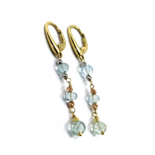 Load image into Gallery viewer, 18k yellow rose white earrings pendant earrings, faceted aquamarine and spheres.