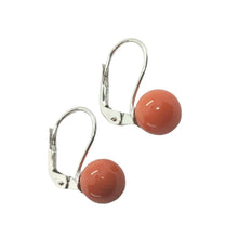 Load image into Gallery viewer, 18k white gold leverback earrings balls spheres red coral button, 8mm, 0.31".