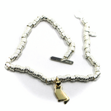 Load image into Gallery viewer, 925 STERLING SILVER TUBES CUBES BRACELET, 9K YELLOW GOLD SMALL 13mm CAT PENDANT.