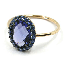 Load image into Gallery viewer, SOLID 18K ROSE GOLD FLOWER RING, CUSHION OVAL BLUE CRYSTAL CUBIC ZIRCONIA FRAME.
