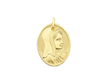Load image into Gallery viewer, 18K YELLOW GOLD PENDANT OVAL MEDAL VIRGIN MARY IN PRAYER 18mm ENGRAVABLE.