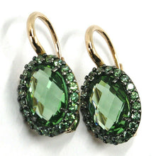 Cargar imagen en el visor de la galería, 18k rose gold leverback flower earrings, oval crystal green cubic zirconia frame.