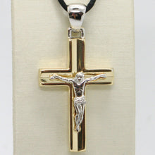 Load image into Gallery viewer, 18K YELLOW WHITE GOLD JESUS CROSS PENDANT SQUARED 1.6 INCHES, 4.1 CM, ITALY MADE.