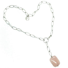 Load image into Gallery viewer, 18k white gold lariat necklace, with big square rose quartz and zirconia pendant.