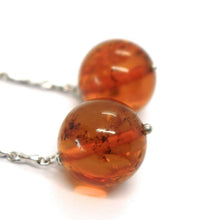 Load image into Gallery viewer, 18k white gold pendant earrings, big orange amber 16 mm spheres, 1.8 inches.