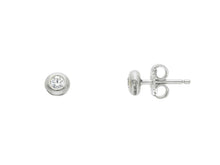 Load image into Gallery viewer, 18K WHITE GOLD BEZEL EARRINGS CUBIC ZIRCONIA WITH FRAME SOLITAIRE DIAMETER 4mm.