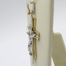 Load image into Gallery viewer, SOLID 18K WHITE YELLOW GOLD PENDANT DOUBLE CROSS, JESUS, SATIN, MADE IN ITALY.