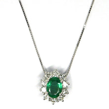 Charger l'image dans la galerie, 18k white gold necklace, flower pendant, oval emerald 0.74 diamonds frame 0.52.