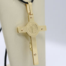 Cargar imagen en el visor de la galería, 18k yellow gold big cross with Jesus & saint Benedict medal made in Italy, 44 mm.