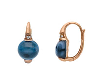 Load image into Gallery viewer, 18k rose gold 17mm leverback pendant earrings cabochon london blue topaz diamond.
