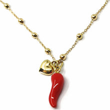 Load image into Gallery viewer, 18K YELLOW GOLD NECKLACE RED ENAMEL MINI HORN CORNICELLO & HEART PENDANT SPHERE BALLS CHAIN.