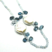 Load image into Gallery viewer, 18k white gold long 33.5" necklace aquamarine london blue topaz drop pearl disc.
