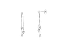 Cargar imagen en el visor de la galería, 18K WHITE GOLD TRIPLE PENDANT EARRINGS 2.5mm WORKED SPHERES FACETED BALLS, 33mm.