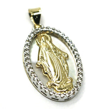 Load image into Gallery viewer, 18k yellow white gold miraculous medal virgin Mary mother of pearl zirconia 21mm.