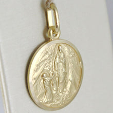 Load image into Gallery viewer, 18k yellow gold Senora Lady of Lourdes 15 mm round medal Virgin Mary pendant.