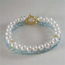 Cargar imagen en el visor de la galería, 18k yellow gold bracelet with 2 strands pearls and aquamarine 7 in made in Italy.