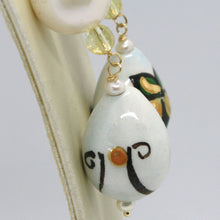 Cargar imagen en el visor de la galería, 18k yellow gold earrings lemon quartz pearl & ceramic drop hand painted in Italy.