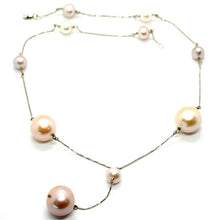 Load image into Gallery viewer, 18k white gold lariat necklace, venetian chain white & purple big pearls 16 mm.