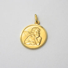Load image into Gallery viewer, solid 18k yellow gold Guardian Angel small 11mm medal, pendant, very detailed.