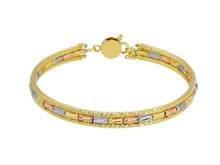 Load image into Gallery viewer, 18K YELLOW WHITE ROSE GOLD BRACELET, SEMIRIGID, FINELY WORKED, FACETED TUBES.
