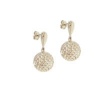 Load image into Gallery viewer, 18k white gold pendant earrings, 13mm worked shpere balls, length 26mm.