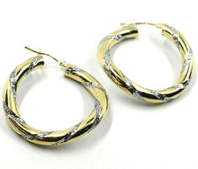 Load image into Gallery viewer, 18K YELLOW WHITE GOLD CIRCLE HOOPS PENDANT EARRINGS, 3.1cmx4mm TWISTED, GLITTER.