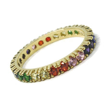 Load image into Gallery viewer, SOLID 18K YELLOW GOLD ETERNITY BAND RING, MULTI COLOR, RAINBOW CUBIC ZIRCONIA.