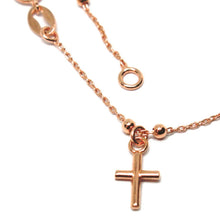 Cargar imagen en el visor de la galería, 18K ROSE GOLD MINI ROSARY BRACELET, 1.5 MM SPHERES, PENDANT CROSS, 7.1 INCHES.