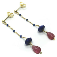 Charger l'image dans la galerie, 18k yellow gold pendant earrings tourmaline drop, cubic zirconia, lapis lazuli.