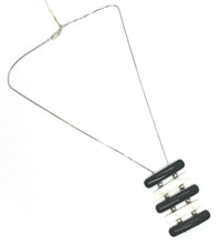 Load image into Gallery viewer, 18k white gold lariat necklace black white onyx and mother of pearl bar pendant.
