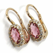 Cargar imagen en el visor de la galería, 18k rose gold leverback flower earrings, oval pink crystal, cubic zirconia frame.