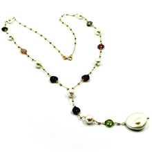 Cargar imagen en el visor de la galería, 18k yellow gold 17.3" 44cm necklace faceted tourmaline drops pearls, balls chain.