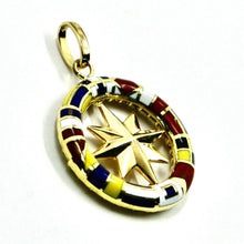 Load image into Gallery viewer, 18k yellow gold compass wind rose pendant, 2.3cm, enamel nautical flags.
