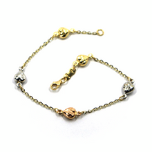 Load image into Gallery viewer, 18K YELLOW WHITE ROSE GOLD ROLO TWO TONE BRACELET, ROUNDED HEARTS 18cm 7.1".