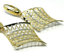 Load image into Gallery viewer, 18K YELLOW WHITE GOLD PENDANT EARRINGS ONDULATE WORKED SQUARE, SHINY, STRIPED.