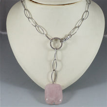 Load image into Gallery viewer, 18k white gold lariat necklace, with big square rose quartz and zirconia pendant.
