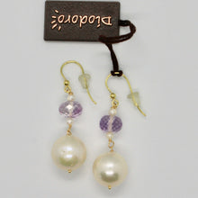 Load image into Gallery viewer, SOLID 18K YELLOW GOLD EARRINGS WITH BIG WHITE PEARLS AND AMETHYST MADE IN ITALY.