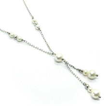 Load image into Gallery viewer, 18k white gold lariat necklace square chain round white pearl double pendant.