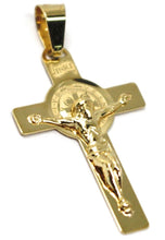 Charger l'image dans la galerie, 18K YELLOW GOLD FLAT CROSS WITH JESUS & SAINT BENEDICT MEDAL, 34 mm, 1.34".
