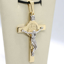 Load image into Gallery viewer, 18k yellow white gold big Cross with Jesus & Saint Benedict medal.