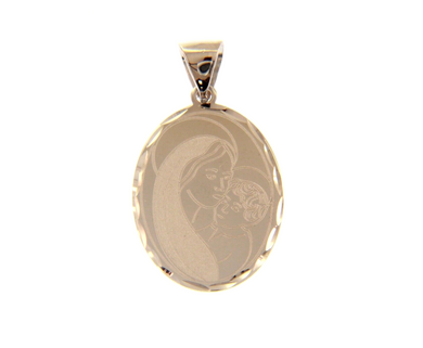 SOLID 18K WHITE GOLD VIRGIN MARY AND JESUS OVAL MEDAL, 20mm WITH WORKED FRAME.