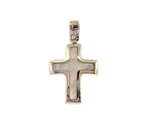 Load image into Gallery viewer, 18k white gold 20mm rounded stylized cross pendant with mother of pearl pendant.