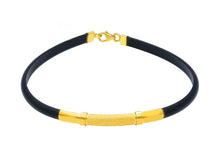 Charger l'image dans la galerie, 18K YELLOW GOLD BRACELET 5mm ROUND HALF TUBE LUCID SATIN PLATE BLACK RUBBER 8.3".