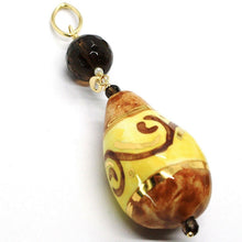 Load image into Gallery viewer, 18K YELLOW GOLD PENDANT, SMOKY QUARTZ POTTERY CERAMIC DROP HAND PAINTED IN ITALY.