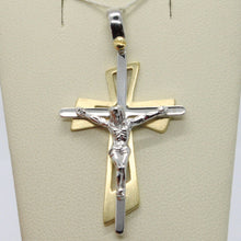 Load image into Gallery viewer, SOLID 18K WHITE YELLOW GOLD PENDANT DOUBLE CROSS, JESUS, SATIN, MADE IN ITALY.