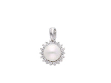 Charger l'image dans la galerie, 18k white gold pendant charm round freshwater white pearl 6.5 mm cubic zirconia.