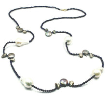 Charger l'image dans la galerie, 18k yellow gold long 35" 90cm necklace lapis lazuli big drop white & gray pearls.