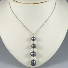 Load image into Gallery viewer, 18k white gold lariat necklace rolo chain fw round oval drop black pearl pendant.