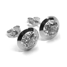 Cargar imagen en el visor de la galería, 18k white gold button earrings cubic zirconia, round disc worked frame, 10 mm.