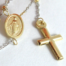 Load image into Gallery viewer, 18K YELLOW WHITE GOLD MINI ROSARY NECKLACE MIRACULOUS MARY MEDAL JESUS CROSS.
